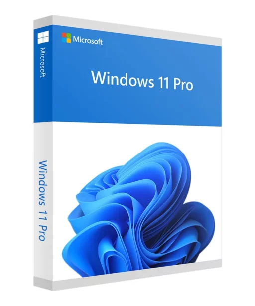 A retail box for Windows 11 Professional, featuring a blue abstract design on the front, the Microsoft logo, and the text Windows 11 Pro on the box cover and spine.
