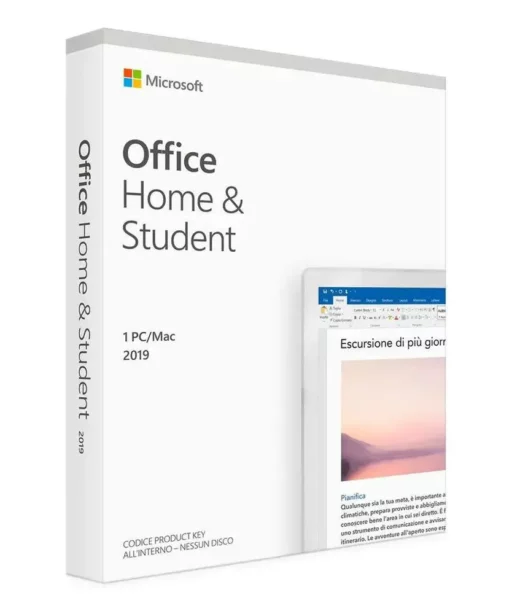A retail box of Office 2019 Home & Student für MAC for 1 PC/Mac, featuring the software name, Microsoft logo, and a partial screenshot of a Word document with a landscape image on a white background.