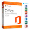 A box of Office 2016 Professional Plus software with the Office logo. On the right, icons for Word, Excel, PowerPoint, OneNote, Outlook, Publisher, and Access are displayed with the Windows logo above them.
