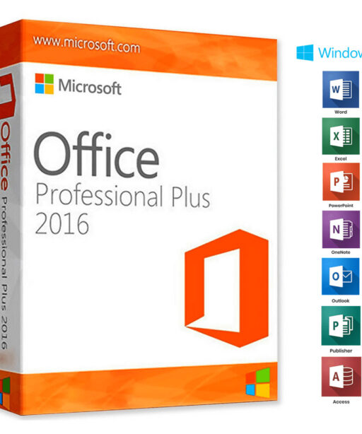 A box of Office 2016 Professional Plus software with the Office logo. On the right, icons for Word, Excel, PowerPoint, OneNote, Outlook, Publisher, and Access are displayed with the Windows logo above them.