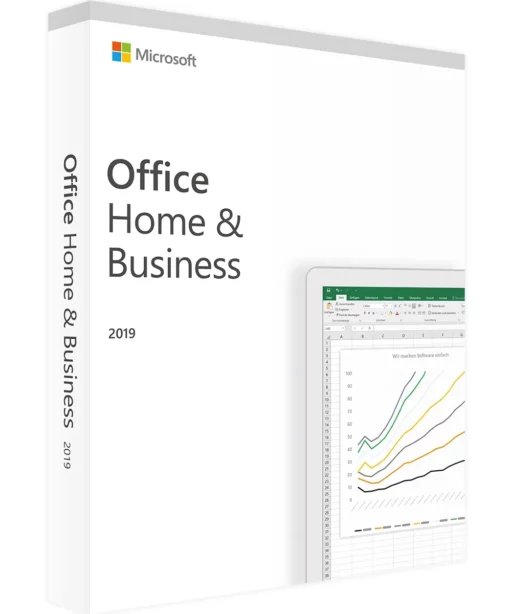 White software box for Office 2019 Home & Business für MAC, featuring the product name in bold text and a partial screenshot of a spreadsheet with line graphs on the right side.