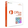 A retail box of Office 2019 Professional Plus features the Office logo, product name, and icons for Word, Excel, PowerPoint, Outlook, Access, Publisher, and OneNote on a white background.
