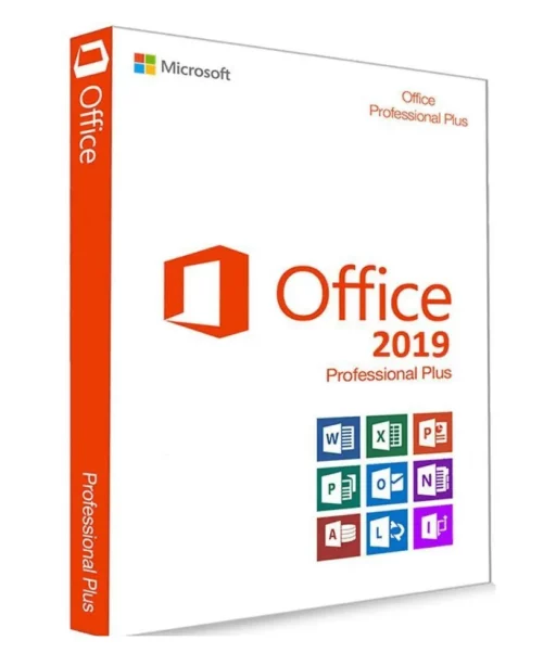 A retail box of Office 2019 Professional Plus features the Office logo, product name, and icons for Word, Excel, PowerPoint, Outlook, Access, Publisher, and OneNote on a white background.