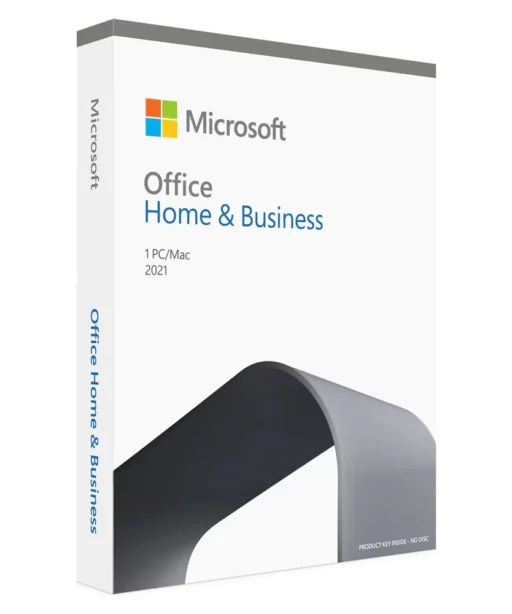 A retail box for Office 2021 Home & Business für MAC, featuring the Microsoft logo and branding on a white background with blue and gray accents. Text indicates it is for 1 PC/Mac.