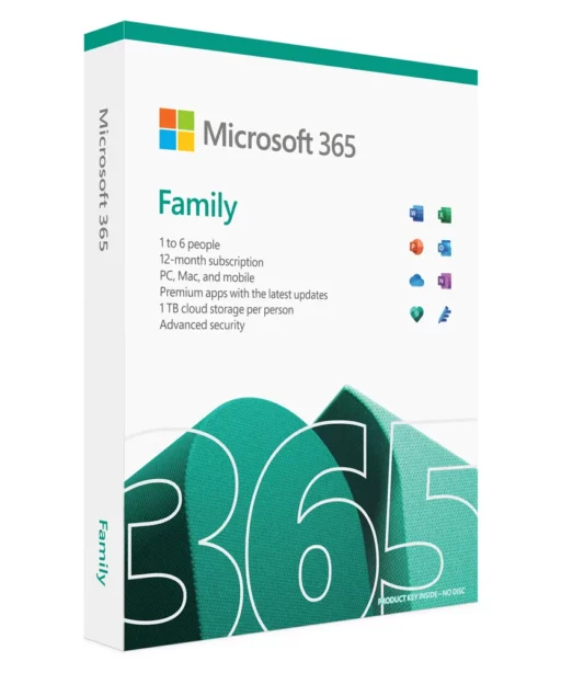 Microsoft 365 Family box featuring Office 365 Family subscription for 1 to 6 people, 12 months, compatible with PC, Mac, and mobile; includes premium apps, 1TB cloud storage per person, and advanced security features.