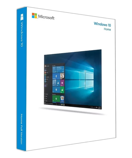 A retail box for Windows 10 Home, featuring the official Windows logo, Microsoft branding, and an image of the Windows 10 Home desktop screen on a crisp white background.