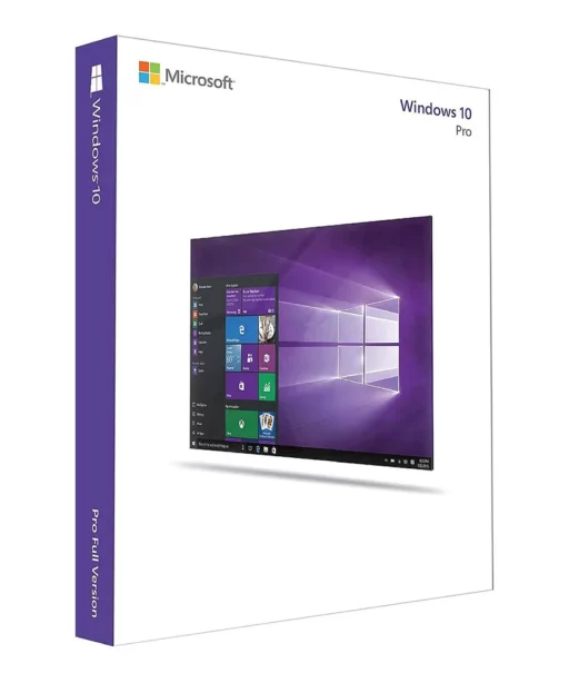 A retail box for Windows 10 Professional, featuring the Windows logo, Microsoft branding, and an image of the Windows 10 desktop on a white background. The side reads Pro Full Version.