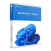 A retail box for Windows 11 Home, featuring a blue abstract design and the Windows 11 logo on the front. The packaging displays Microsoft’s logo and Windows 11 Home branding in blue and white colors.