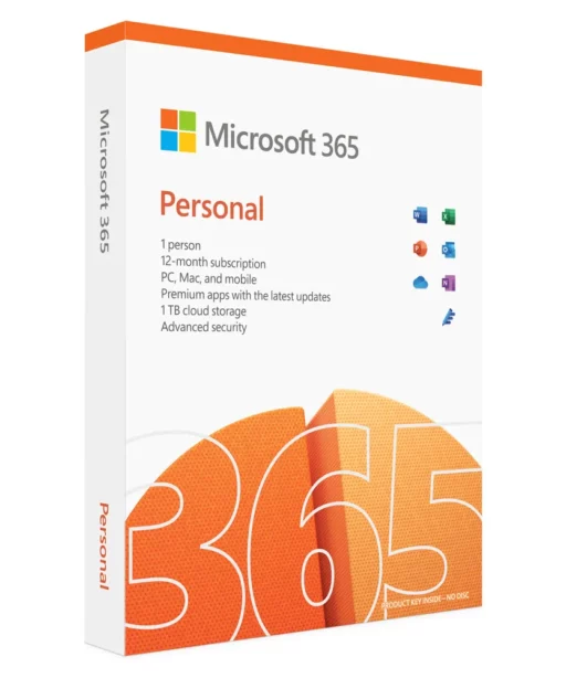 Microsoft 365 Personal for MAC retail box featuring the logo, app icons, and highlights like a 1-year subscription for 1 person, PC/Mac/mobile support, 1TB cloud storage, and advanced security.