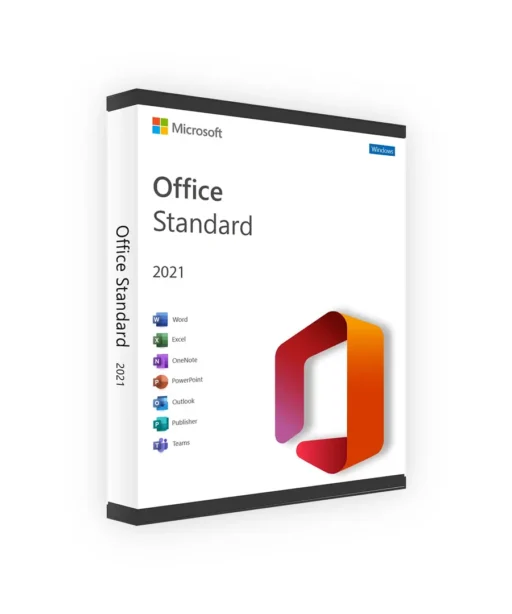 A white software box for Office 2021 Standard, showing the Office logo, supported apps (Word, Excel, OneNote, PowerPoint, Outlook, Publisher, Teams), and Windows compatibility on a plain white background.