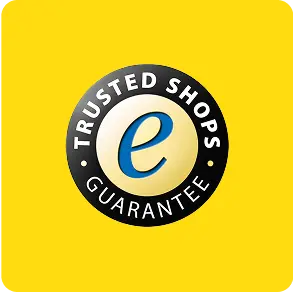 A circular logo with a yellow background, featuring a black ring with the words TRUSTED SHOPS GUARANTEE around a cream center with a blue lowercase “e,” ideal for showcasing reliability on your custom product page.