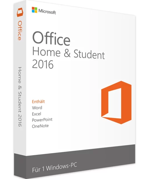 A box for Office 2016 Home & Student, featuring the Office logo and a list of included programs: Word, Excel, PowerPoint, and OneNote. Text is in German, indicating compatibility with Windows PC.