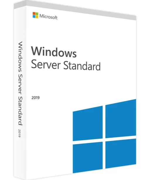 A retail box for Windows Server 2019 Standard, featuring the Microsoft logo, product name, and a stylized blue window graphic on a clean white background.