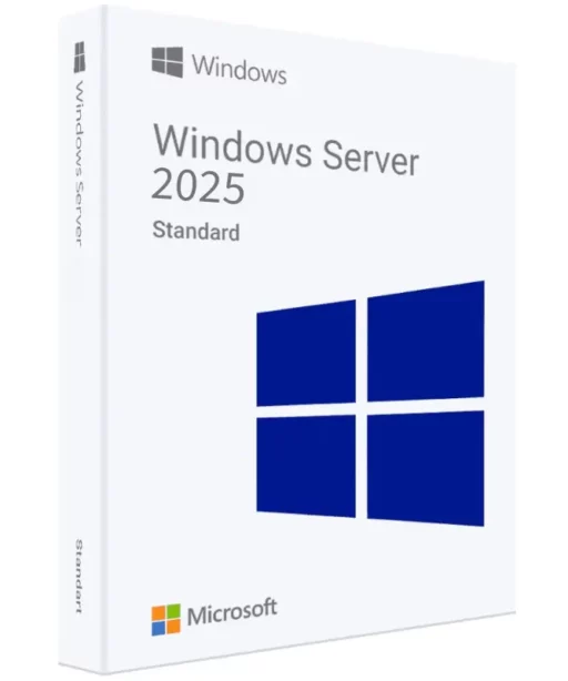 A retail box for Windows Server 2025 Standard edition, featuring the Windows logo and Microsoft branding on a white background.