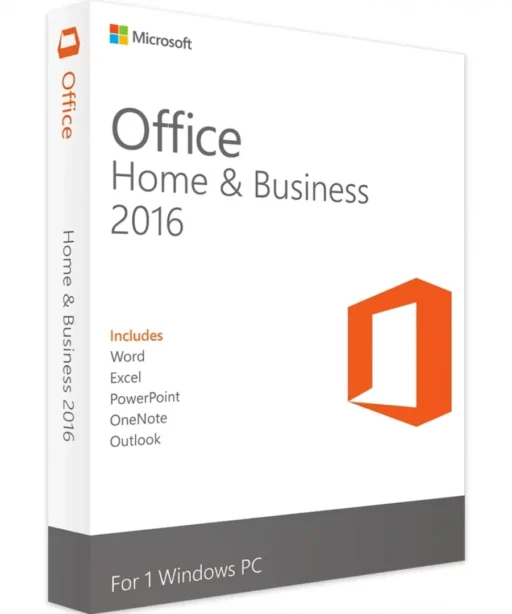 A retail box for Office 2016 Home & Business, featuring the Office logo and listing included programs: Word, Excel, PowerPoint, OneNote, and Outlook. The box is for 1 Windows PC.