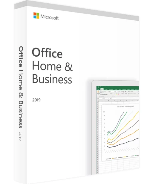 Microsoft Office Home & Business 2019 software box, featuring the Office 2019 Home & Business logo, product name, and a partial image of a computer screen displaying a colorful line graph.