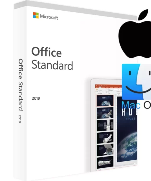 Microsoft Office Standard 2019 software box featuring PowerPoint on the cover, along with Apple and MacOS logos, highlights the compatibility of Office 2019 Standard für MAC with Mac operating systems.