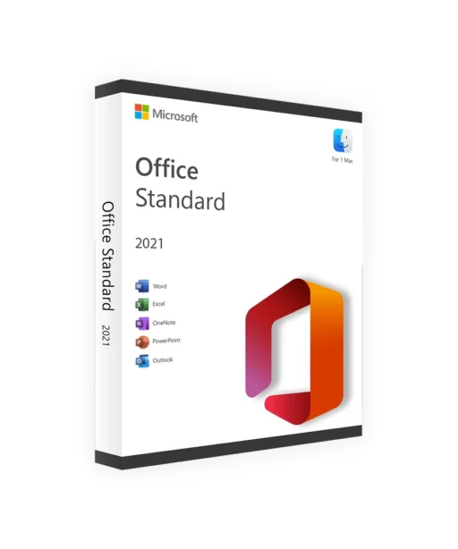 A retail box for Office 2021 Standard für MAC, featuring the Microsoft logo, a large red and orange Office logo, and icons for Word, Excel, OneNote, PowerPoint, and Outlook.