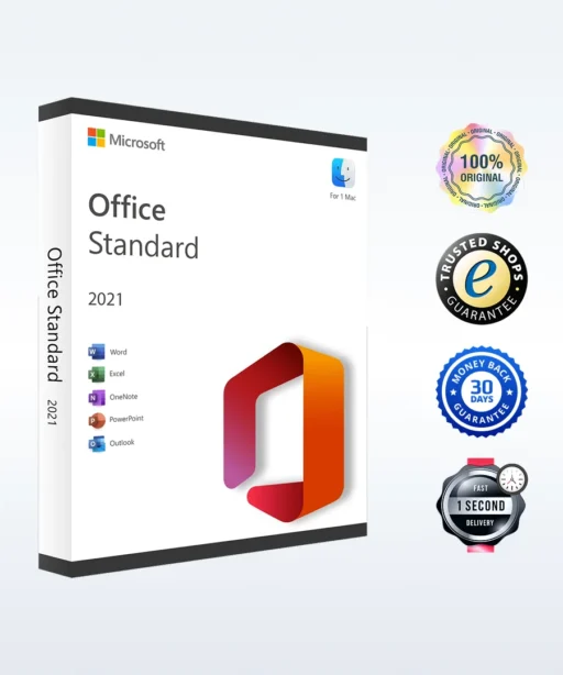 A Microsoft Office 2021 Standard für MAC software box is shown for Mac, with icons for Word, Excel, OneNote, PowerPoint, and Outlook. Four badges highlight originality, trusted shop, money-back guarantee, and fast delivery.
