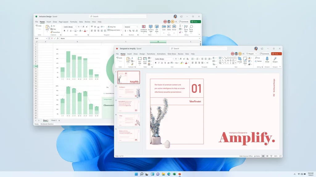 Windows 11 Enterprise mit Microsoft 365 Apps wie Excel und PowerPoint – ideal für Produktivität und Zusammenarbeit in Unternehmen, erhältlich als digitale Lizenz auf Lizenzhub.de
