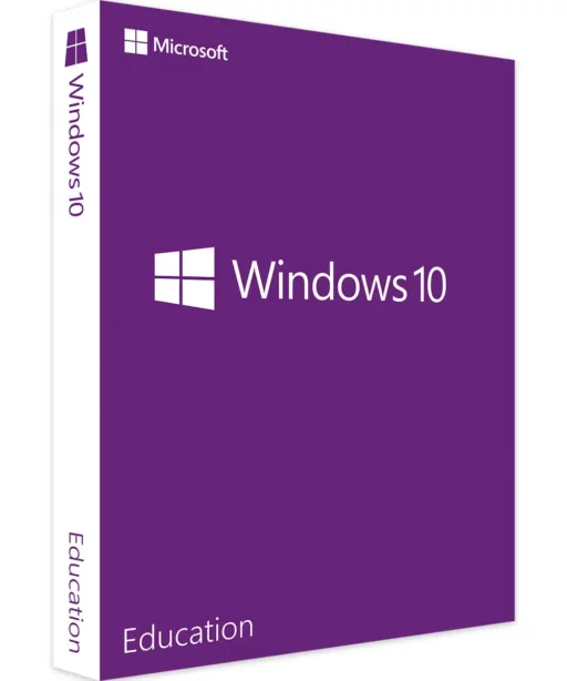 A purple retail box for Windows 10 Education, featuring the Windows logo and bold "Windows 10 Education" text on the front and side.