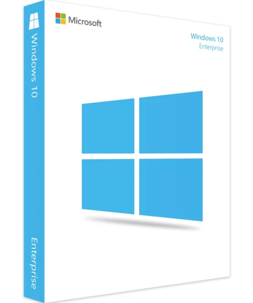 White retail box for Windows 10 Enterprise featuring a large blue Windows logo on the front, Microsoft branding, and Windows 10 Enterprise text in blue on the top right. Perfect for upgrading to Windows 10 Enterprise.