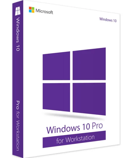 A retail box for Windows 10 Pro for Workstation, featuring a large purple Windows 10 Pro for Workstation logo on a white background, with the product name displayed on both the front and side.