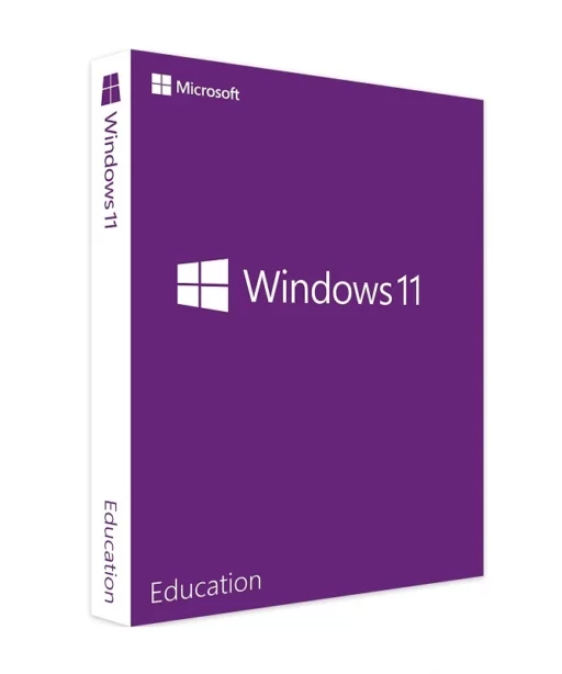 A purple retail box for Windows 11 Education edition, featuring the Windows logo, windows 11 education text, and "Education" printed on the side.