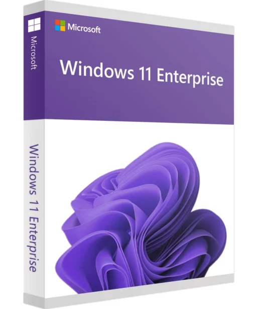 A retail box for Windows 11 Enterprise, featuring a purple abstract design and the Windows and Microsoft logos. The text "Windows 11 Enterprise" is displayed in white on a purple background.