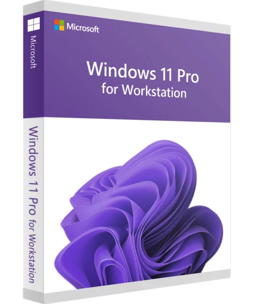 A retail box for Windows 11 Pro for Workstation, featuring a purple abstract design and Windows 11 branding on a white background.