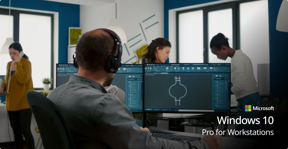 A man wearing headphones works on dual monitors displaying technical diagrams in a modern office. Three women collaborate in the background. Text reads: Windows 10 Pro for Workstation. Microsoft.