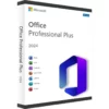 Box packaging for Office 2024 Professional Plus, featuring the Microsoft logo, Windows logo, and icons for Word, Excel, OneNote, PowerPoint, Outlook, Publisher, and Access on a clean white background.