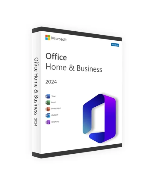 A retail box for Office 2024 Home & Business, featuring icons for Word, Excel, PowerPoint, Outlook, and OneNote, with a modern Office logo and Microsoft branding on a clean white background.
