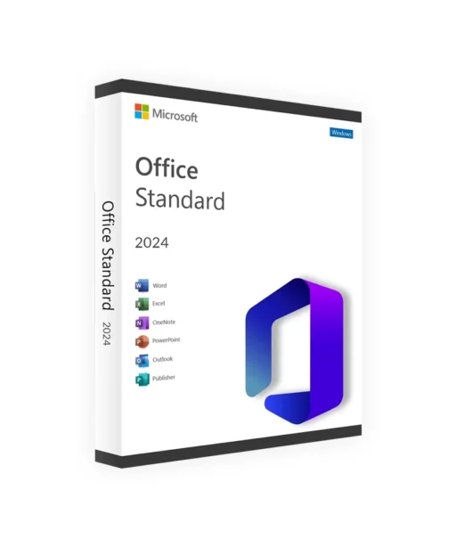 A retail box for Office 2024 Standard featuring the Office logo, icons for Word, Excel, OneNote, PowerPoint, Outlook, and Publisher, with sleek branding on a white background.