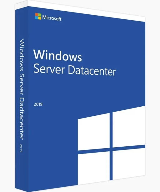 A blue retail box for Windows Server 2019 Datacenter, featuring the Windows logo and white text on the front and side.