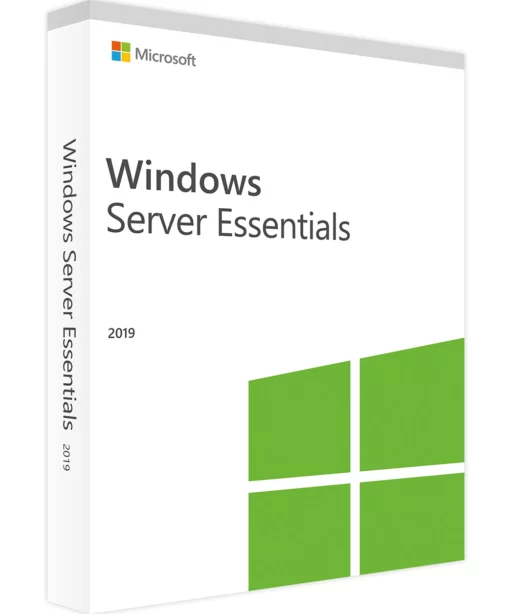 Box packaging for Windows Server 2019 Essentials showcases the logo, product name, and a green four-pane window graphic on a white background.