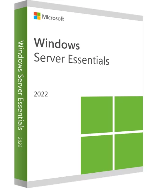 A retail box for Windows Server 2022 Essentials, featuring the Microsoft logo, product name, and a large green Windows-style graphic on a clean white background.