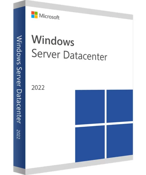 A retail box for Windows Server 2022 Datacenter, featuring the Windows logo and a minimalist blue and white design with the Microsoft logo at the top left.