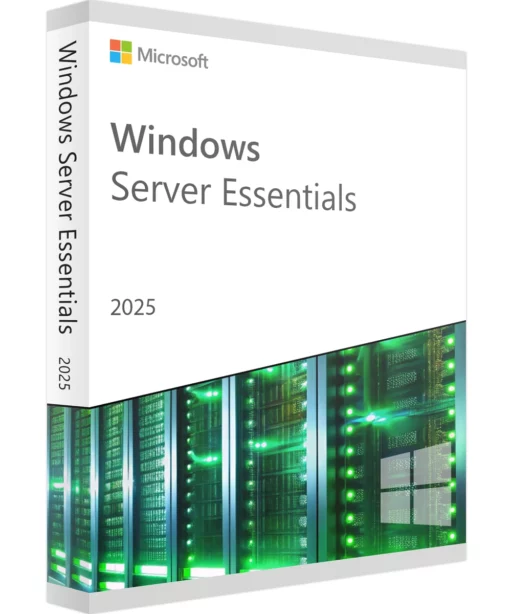A retail box for Windows Server 2025 Essentials, featuring the logo, product name, and an image of green-lit server racks on the front.