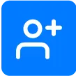 A blue square icon with a white outline of a person and a plus sign in the top right corner, symbolizing add friend or add user.