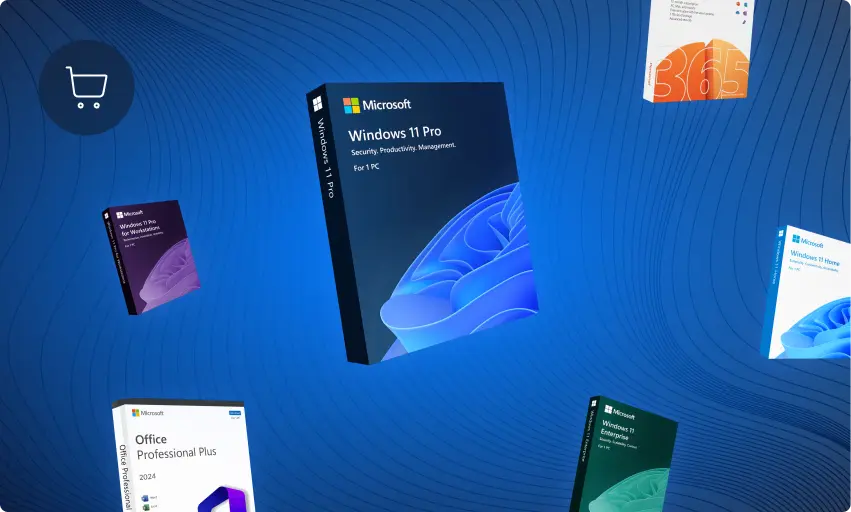 Boxes of Microsoft software, including Windows 11 Pro, Office Professional Plus, and Microsoft 365, float against a blue, wavy background with a shopping cart icon on the left side.