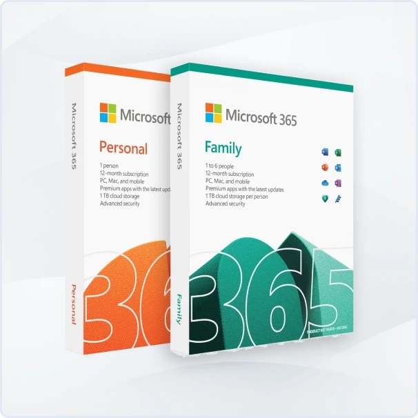 Two Microsoft 365 software boxes: one labeled Personal in orange for 1 person, and the other labeled Family in teal for up to 6 people. Both showcase subscription details and office app icons on the front.