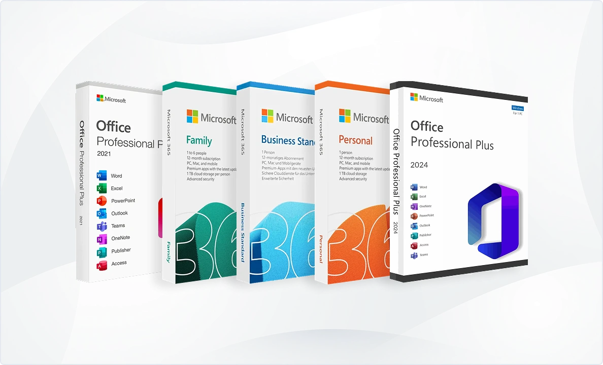 Four Microsoft Office software boxes are displayed in a row, labeled Office Professional 2021, Family, Business Standard, Personal, and Office Professional Plus 2024, against a light abstract background.