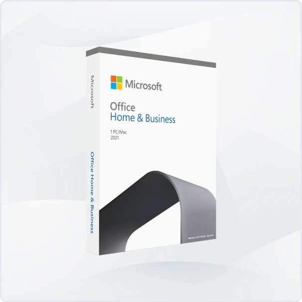 A retail box of Microsoft Office Home & Business 2021 for 1 PC or Mac, featuring a modern, minimalist design with white background and a curved, metallic graphic on the front.