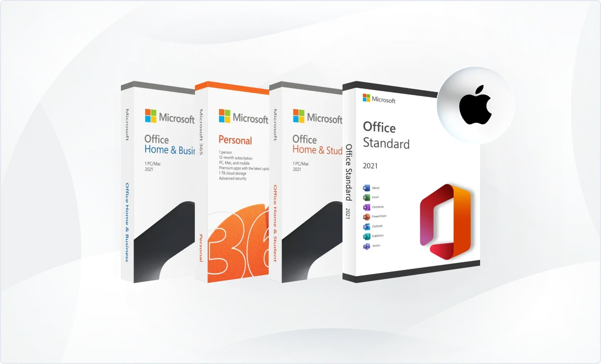 Three Microsoft Office software boxes (Home & Business, Personal, and Office Standard) stand in a row, with a Microsoft Office icon and an Apple logo in the background, indicating Mac compatibility.
