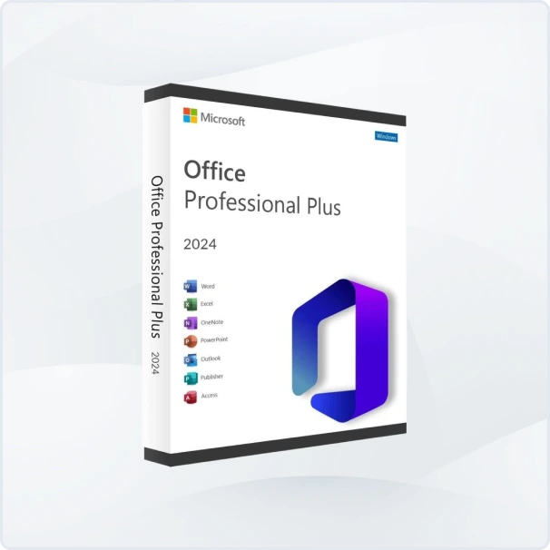 A retail box of Microsoft Office Professional Plus 2024, featuring the Office logo and a list of included apps: Word, Excel, OneNote, PowerPoint, Outlook, Publisher, and Access.