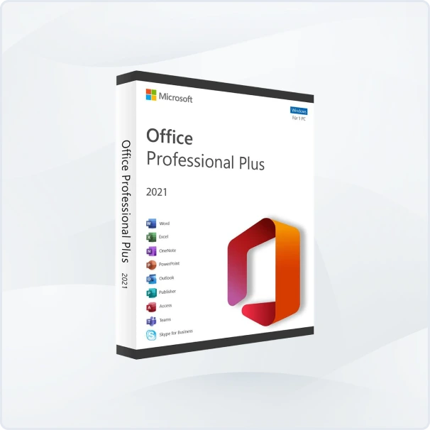 A retail box for Microsoft Office Professional Plus 2021, showing the softwares logo, supported apps, and compatibility with Windows PC. The packaging is white with colorful icons and a prominent red Office logo.