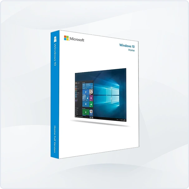 A retail box of Microsoft Windows 10 Home, showing the softwares logo and a screenshot of the Windows 10 start menu on the front, with white background and clean design.