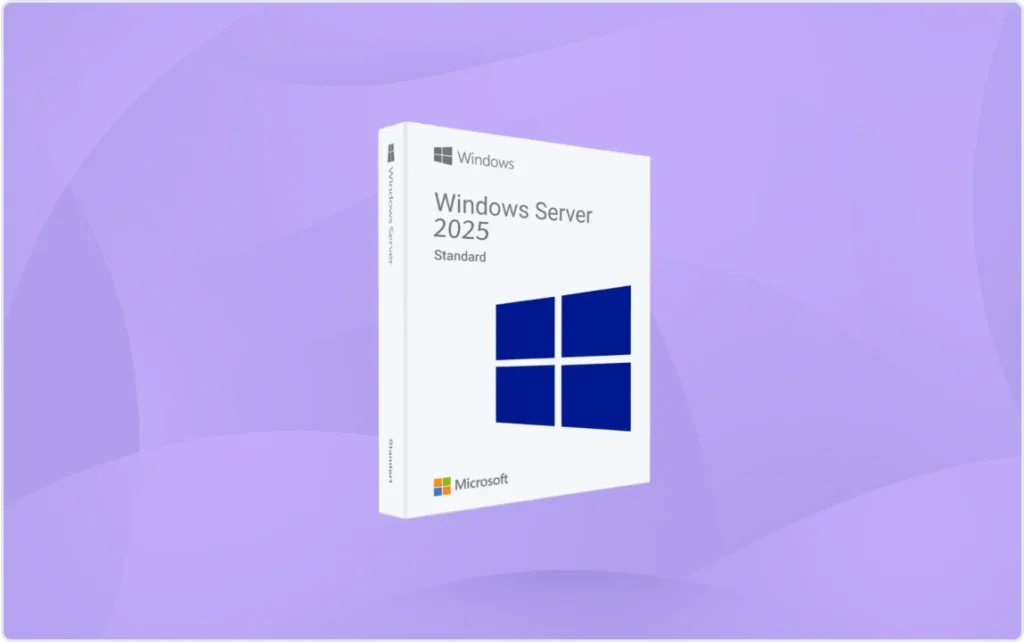 A digital rendering of a Windows Server 2025 Standard software box is shown on a purple background. The box features the Windows logo and Microsoft branding.