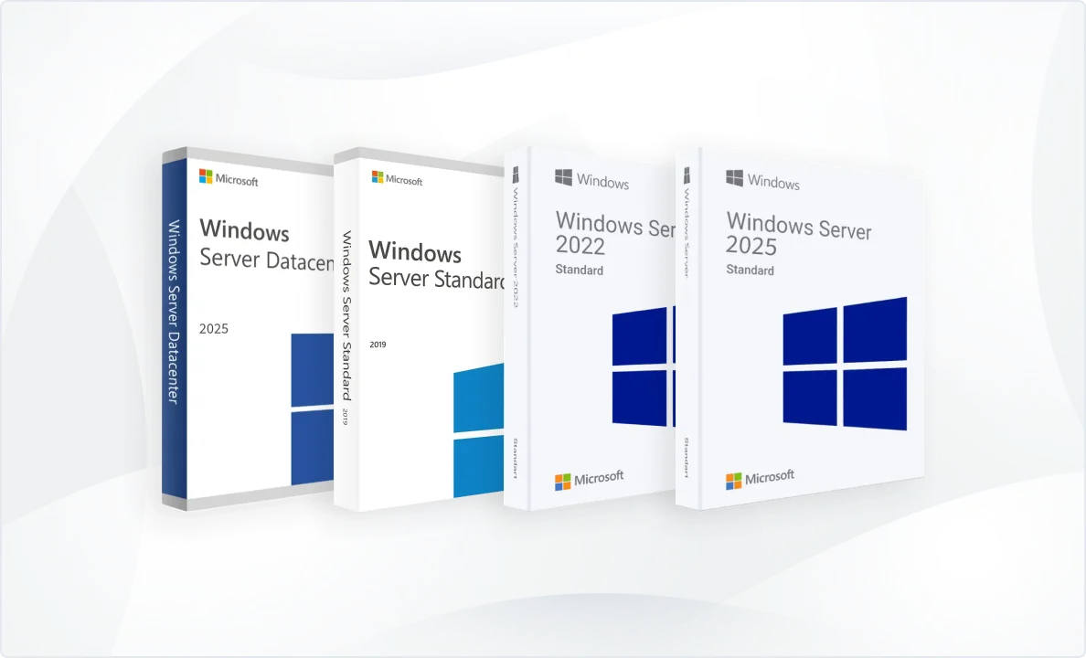 Four Microsoft Windows Server product boxes are shown, including Windows Server Datacenter 2025, Windows Server Standard 2019, Windows Server Standard 2022, and Windows Server Standard 2025, on a light abstract background.